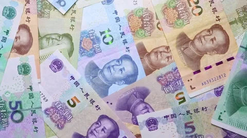 Close up view of rotating Chinese Yuan (CNY), brand new notes. Stock Footage 309833228