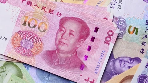 Close up view of rotating Chinese Yuan (CNY), brand new notes. Stock Footage 309883240