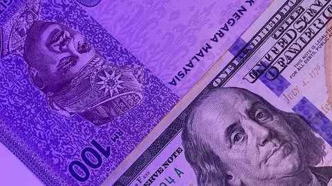 Close up view of rotating Malaysian ringgit (MYR) and 100 USD american dollars. Stock-Footage 297220928