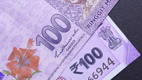 Close up view of rotating Malaysian ringgit and Indian rupee banknotes. Stock Footage 309797480