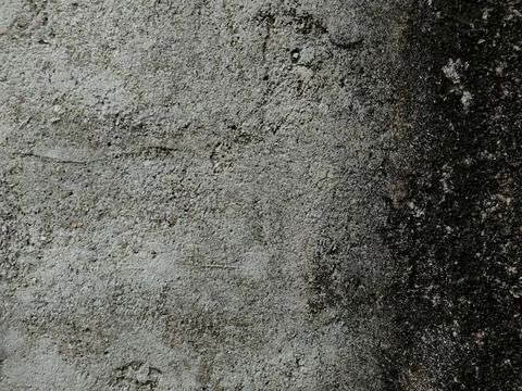 A close-up view of a rough concrete surface featuring dark moss growth on t.. Stock Photos