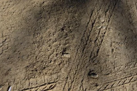 Close-up view of rugged dirt path with tire marks and footprints Stock Photos