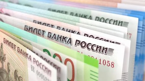 Close-up view of Russian ruble currency banknotes in different denominations Stock Illustration