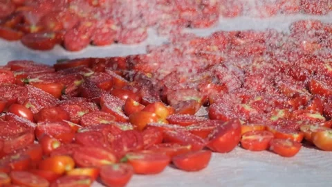 Close Up View of Salt Being Sprinkled on Cut Tomatoes for Drying, June 15, 2023, Video stock 336613147