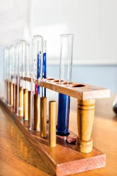 Close-up view of a sample test tubes on a rack 写真素材