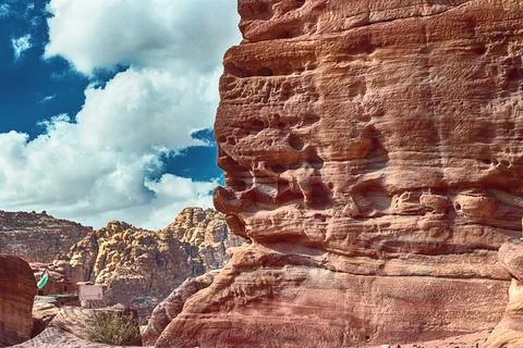 Close-up view of the sandstone rocks during the day in the Siq Gorge, Petra Stock Photos