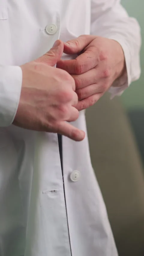 Close-Up View of a Scientist Unbuttoning a White Lab Coat Stock Footage 310491108