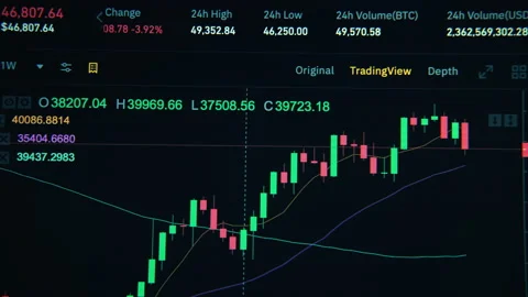 Close view of a screen with Stocks on it. Full Bitcoin info, prices, graphs, Stock Footage 161347484