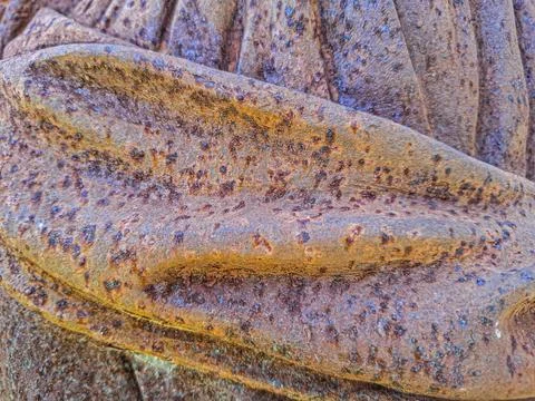 Close up view of a sculpted metal object showing rust and texture in shades.. Fotos de archivo