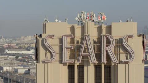 Close view of Sears Building tower and signage in Los Angeles, CA Fotos de archivo