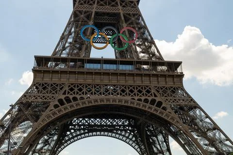 Close-up view of a section of Eiffel Tower displaying Olympic Rings Stock Photos