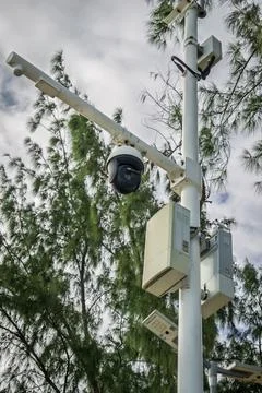 Close view of a security camera system in a public area Stock Photos
