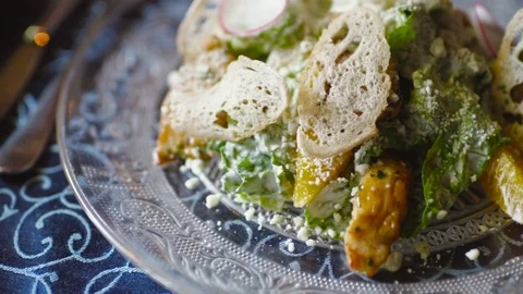 Close up view of a served Caesar salad Stock Footage 74623748