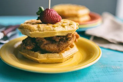 Close up view of a serving of chicken and waffles. Rustic background. Fotos de archivo