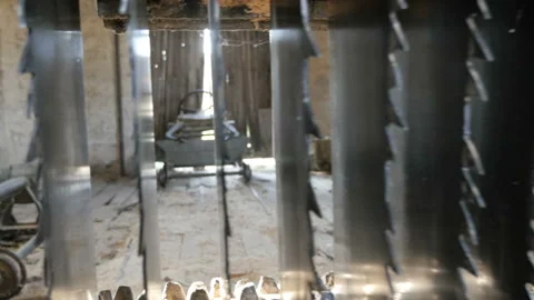 Close up view of set blades of sawmill machine for cutting wooden boards. Stock Footage 89901559