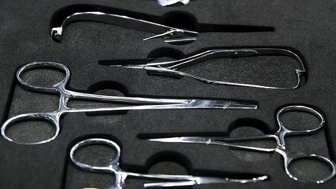 Close up view of set of various stainless steel instruments in dental clinic Stock Footage 222585958