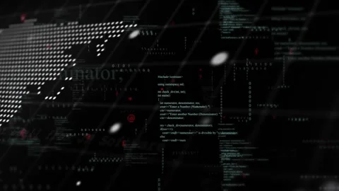 Close view shifting, dotted world map panning and rotating, code scrolling, Stock Footage 322119798