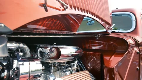 Close up view of shiny engine of Vintage muscle car in side the hood. Stock Footage 316491558