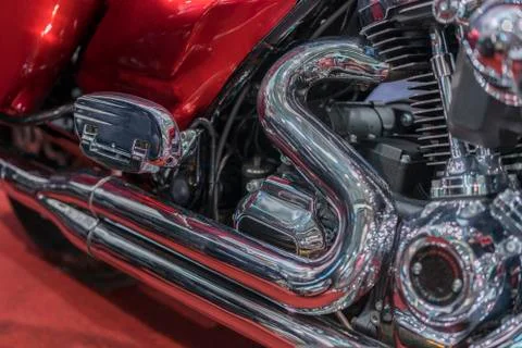 Close up view of a shiny motorcycle engine. vintage close up of motorcycle ex Stock Photos