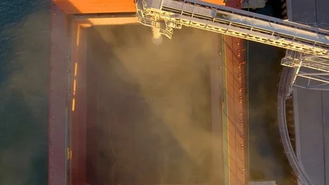 Close view of ship loading grain crops on bulk freighter via trunk to open cargo Stock Footage 99205244
