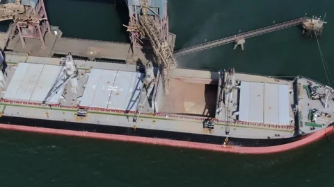 Close View Of Ship Loading Grain Crops On Bulk Freighter Via Trunk To Cargo Ship Stock Footage 172415733