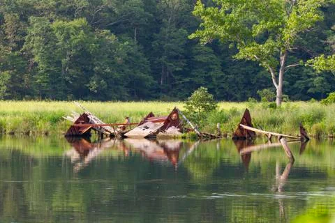 Close up view of a shipwreck in Mallows Bay of the Potomac River. Stock Photos