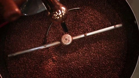 Close up view shot industry equipment coffee beans in roast machine Stock Footage 147103083