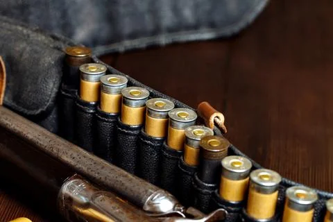 Close-up view of shotgun shells arranged neatly in a leather holder, showca.. Stock Photos