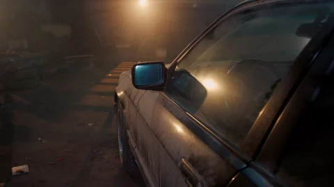 Close view of side view of a dusty retro car that has been sitting in the garage Stock Footage 271256792