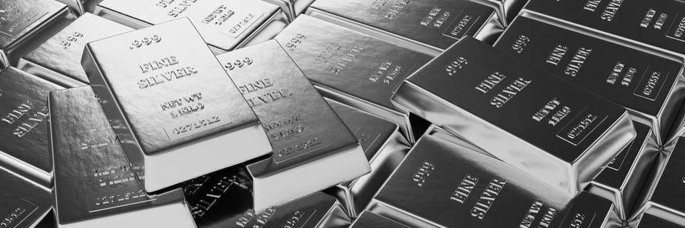Close up view of Silver bars or ingots in bank vault background. Precious metal Ilustración de archivo