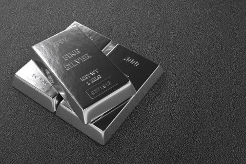 Close up view of Silver bars or ingots in bank vault background. Precious metal Ilustración de archivo