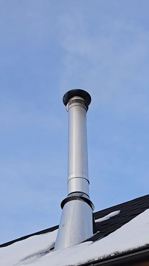 Close view of a silver chimney smoking on a small wooden house with snow on.. Video stock 328282509