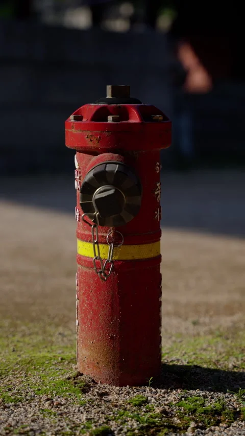Close-up view of a single red fire hydrant with yellow stripe situated outdoors Stock Footage 310489246