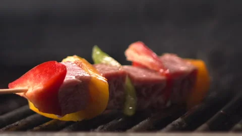 Close-up view of skewer roasting on an open fire grill Stock-Footage 157842896