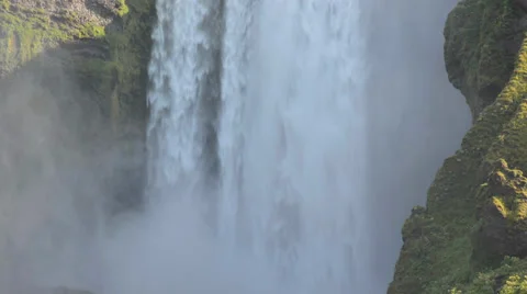 Close up view of the Skogafoss waterfall on a sunny day, Iceland Stock Footage 33747481