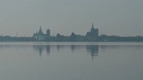 Close view of skyline historic town stralsund with silouette on a dizzy morning Stock Footage 332920491