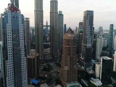 A close up view of skyscrapers in the city. Видео 80737164