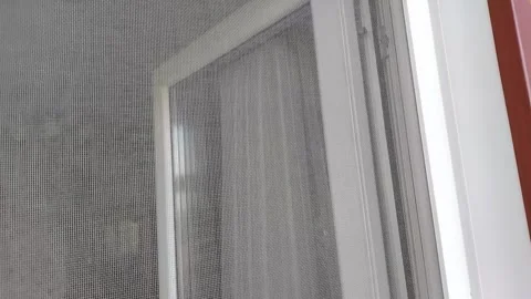 Close view of sliding insect screen door beside white window frame indoors Stock Footage 347427846