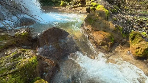 Close View of Small Forest Waterfall from Stream to Top – Autumn Video stock 330632819