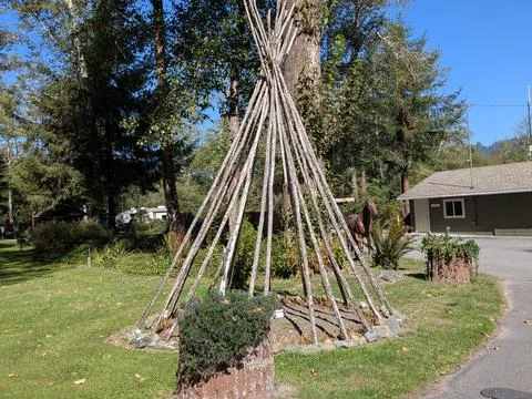 Close view of a small handmade teepee art structure built Stock Photos