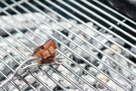 Close-up view of a small piece of bacon roasting on a metal barbecue grill .. Stock Photos