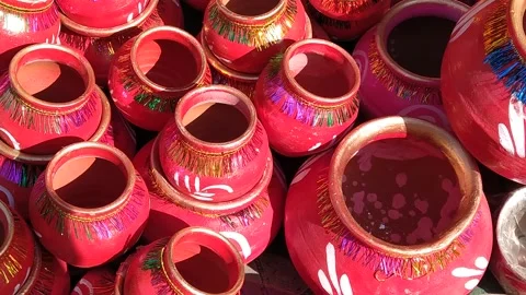 Close up view of small pots in the market during the festival. Stock Footage 143642341