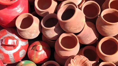 Close up view of small pots in the market during the festival. Stock Footage 143642387