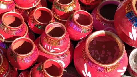 Close up view of small pots in the market during the festival. Stock Footage 143642602