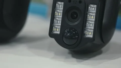 Close View of the Small Professional Security Camera on Exhibition. Stock Footage 272792078