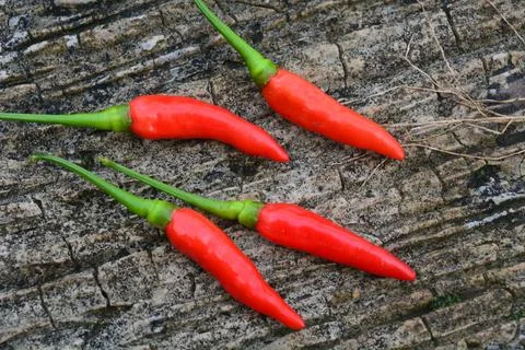 Close up view of small red chilies, on a wooden background. no people. Stock Photos