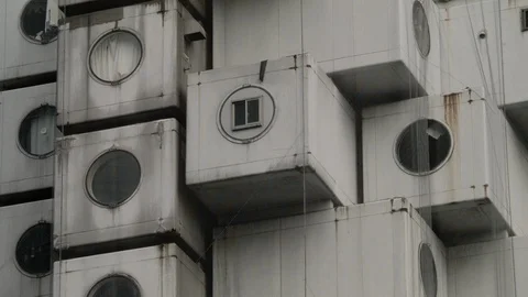Close up view on small section of room pods in the Nakagin Capsule Tower. Stock Footage 104788604