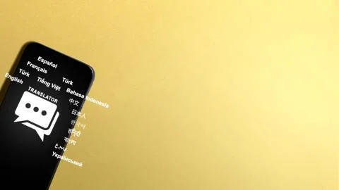 A close-up view of a smartphone screen displaying a translator application .. Stock Photos