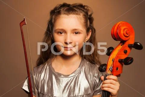 Close-up view of smiling girl with cello isolated Stock Photos