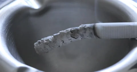 Close up view of Smoldering Cigarette in Ashtray Stock Footage 129961571